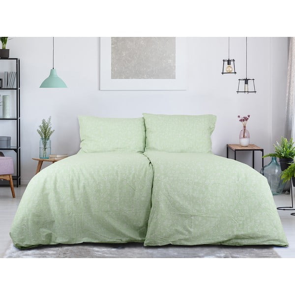 Zelena enojna posteljnina iz krepa 140x200 cm Green Flowers – B.E.S.