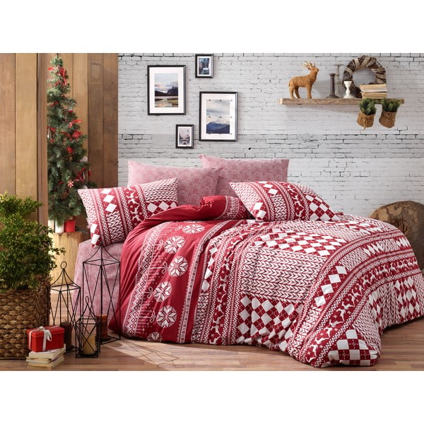 Posteljnina z rjuho za enojno posteljo iz ranforce bombaža Nazenin Home Deer Claret Red, 140 x 200 cm