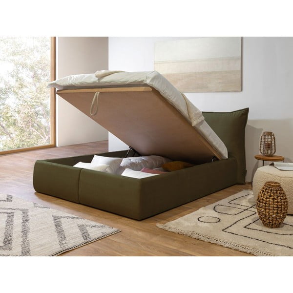 Temno zelena žametna oblazinjena zakonska postelja s prostorom za shranjevanje z letvenim dnom 160x200 cm Jade - Bobochic Paris-image-4