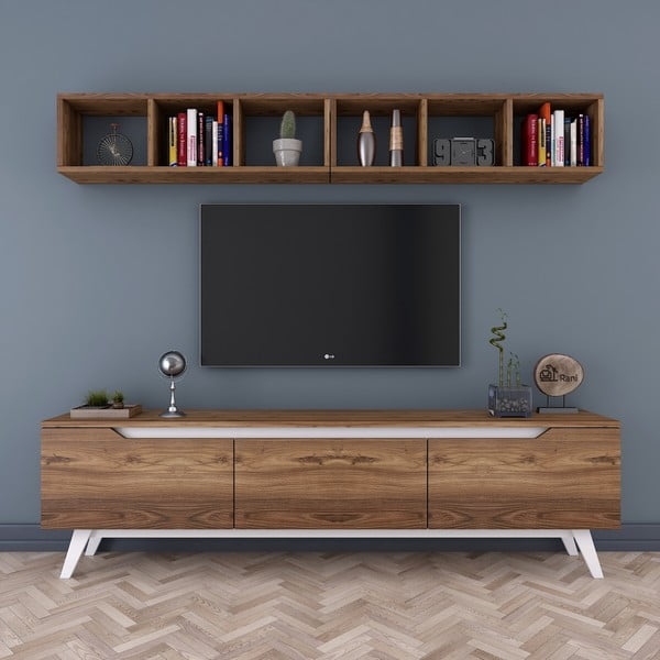 Komplet TV skrinje in stenske police v dekorju iz orehovega lesa