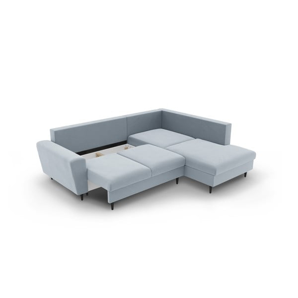 Svetlo modra žametna raztegljiva kotna sedežna garnitura s prostorom za shranjevanje (desni kot/v obliki črke L) Kyoto – Cosmopolitan Design-image-3
