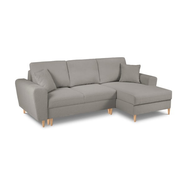 Svetlo siva raztegljiva kotna sedežna garnitura s prostorom za shranjevanje iz tkanine bouclé (desni kot/z ležalnikom) Kyoto – Cosmopolitan Design-image-1