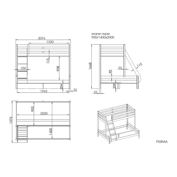 Otroški pograd iz borovega lesa Pino Martin 140x200/90x200 cm - Vipack-image-2
