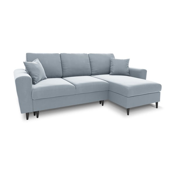 Svetlo modra žametna raztegljiva kotna sedežna garnitura s prostorom za shranjevanje Kyoto – Cosmopolitan Design