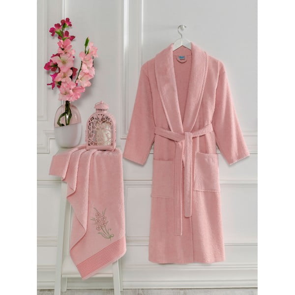 Rožnat bombažen komplet kopalnega plašča in brisače velikosti S/M – Mila Home