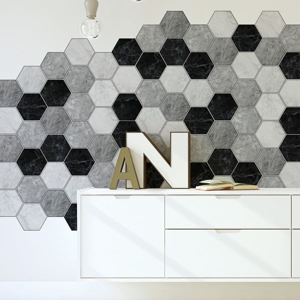 Komplet 28 dekorativnih stenskih nalepk Ambiance Hexagons Marble, 15 x 13,5 cm