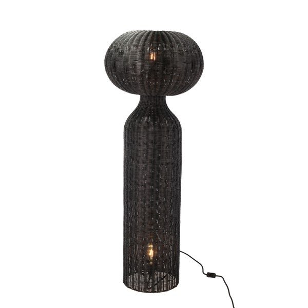 Črna stoječa svetilka s senčnikom iz ratana (višina 130 cm) Werna – Villa Collection-image-1