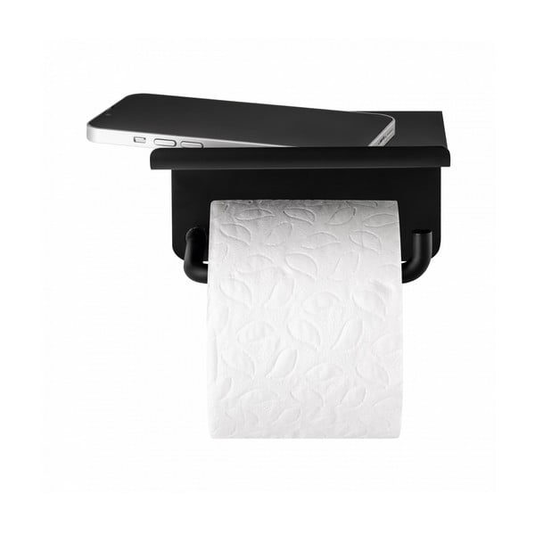 Črno stensko držalo za toaletni papir s polico iz nerjavečega jekla Modo – Blomus