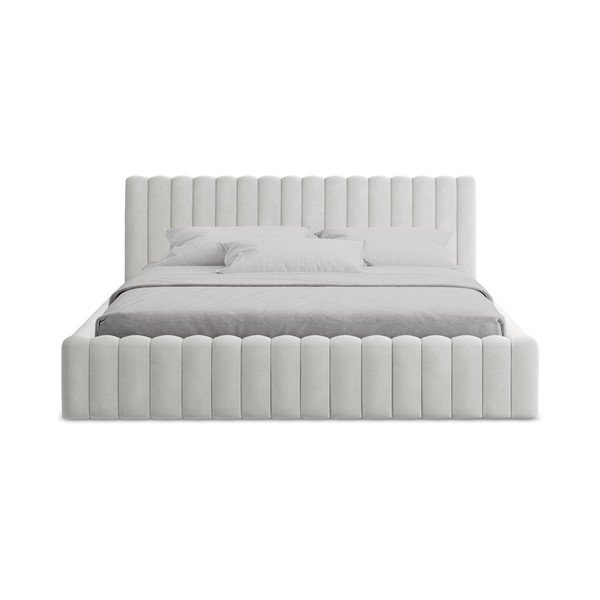 Oblazinjena zakonska postelja s prostorom za shranjevanje z letvenim dnom 160x200 cm v srebrni barvi Lemi – Makamii-image-4