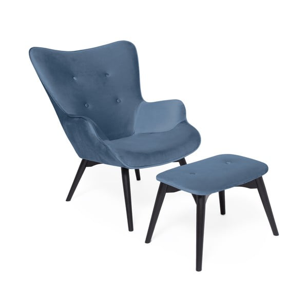 Vivonita Cora Velvet modri fotelj in podnožje v črni barvi