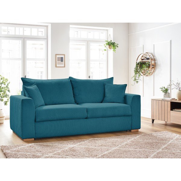Modra raztegljiva sedežna garnitura iz rebrastega žameta 225 cm Augustin – Bobochic Paris-image-1