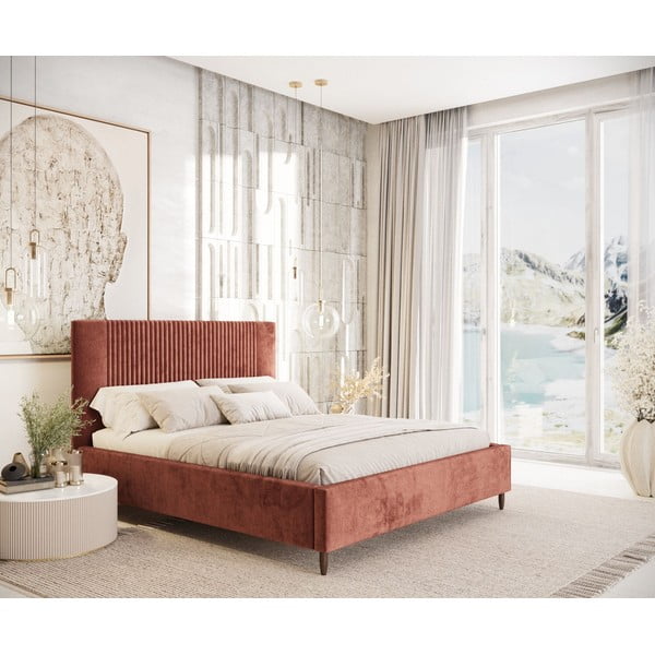 Opečnato oranžna oblazinjena zakonska postelja s prostorom za shranjevanje z letvenim dnom 180x200 cm Etero – Maison de Rêve-image-1