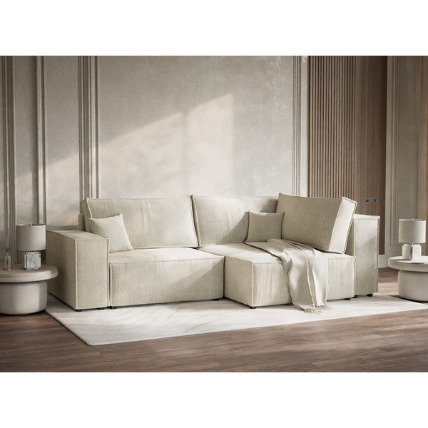 Kremno bela raztegljiva/s prostorom za shranjevanje kotna sedežna garnitura iz šenilje (desni kot/v obliki črke L) Tonga – Maison de Rêve-image-4