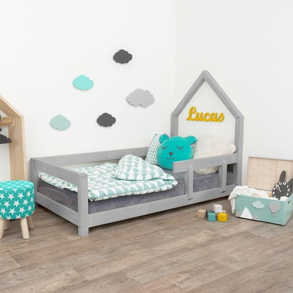Siva otroška postelja z desno stranico Benlemi Poppi, 90 x 180 cm