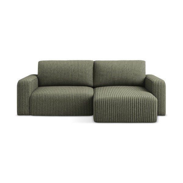 Zelena raztegljiva/s prostorom za shranjevanje kotna sedežna garnitura iz rebrastega žameta (desni kot/z ležalnikom) Kona – Makamii