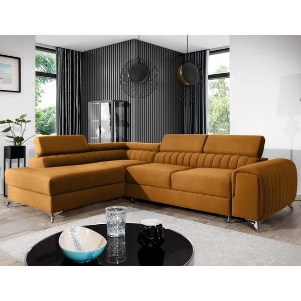 Rumena žametna raztegljiva/s prostorom za shranjevanje kotna sedežna garnitura (levi kot/v obliki črke L) Laurence – ELTAP-image-1