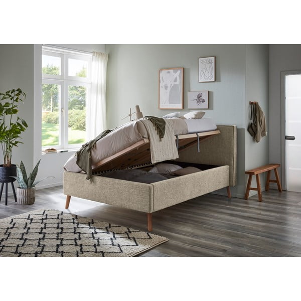 Bež oblazinjena zakonska postelja s prostorom za shranjevanje z letvenim dnom 140x200 cm Riva – Meise Möbel-image-3