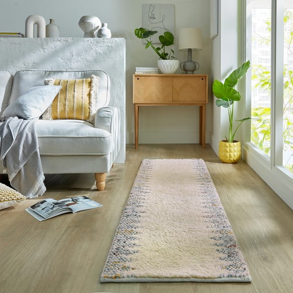Siv/kremno bel ročno tkan tekač iz mešanice volne 60x230 cm Minerals Border – Flair Rugs-image-1