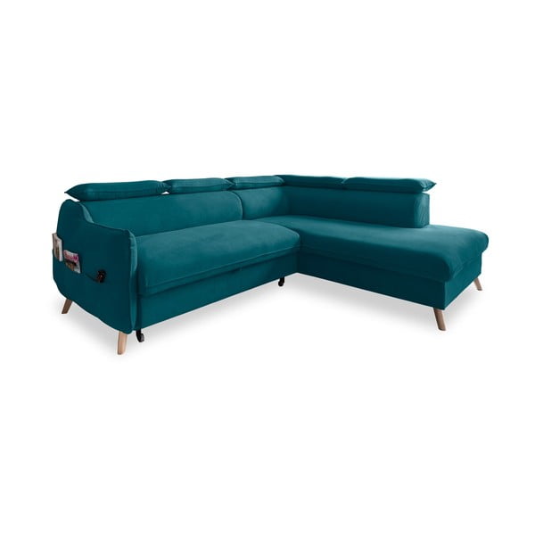 Turkizna žametna raztegljiva kotna sedežna garnitura (desni kot) Sweet Harmony – Miuform