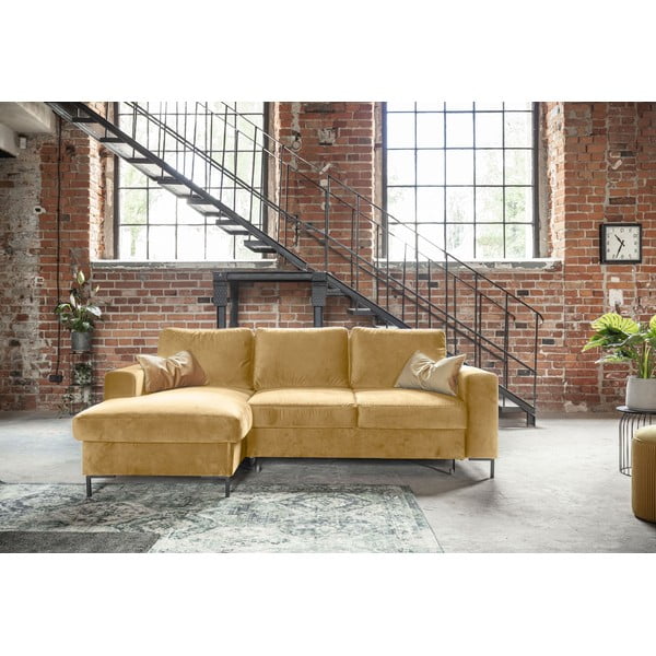 Gorčično rumena žametna kotna raztegljiva sedežna garnitura Miuform Lofty Lilly, levi kot-image-1