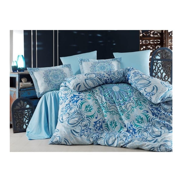 Turkizno bombažno satenasto posteljno perilo z rjuho za zakonsko posteljo Monte Carlo, 160 x 220 cm