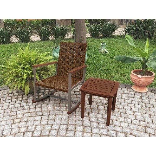 Temno rjav komplet gugalnega stola z mizico iz masivnega lesa Sinaloa – Garden Pleasure-image-1