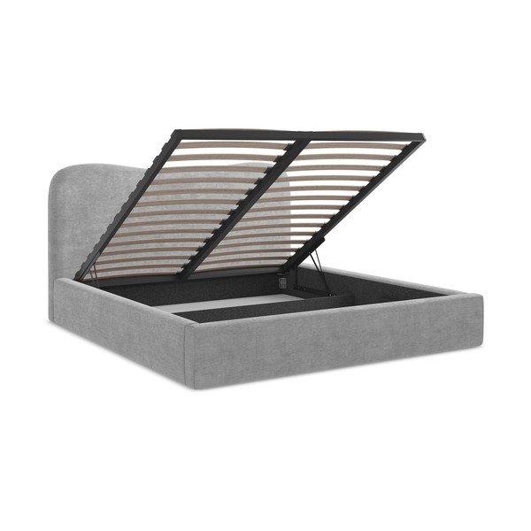 Svetlo siva oblazinjena zakonska postelja s prostorom za shranjevanje z letvenim dnom 140x200 cm Kahai – Makamii-image-3