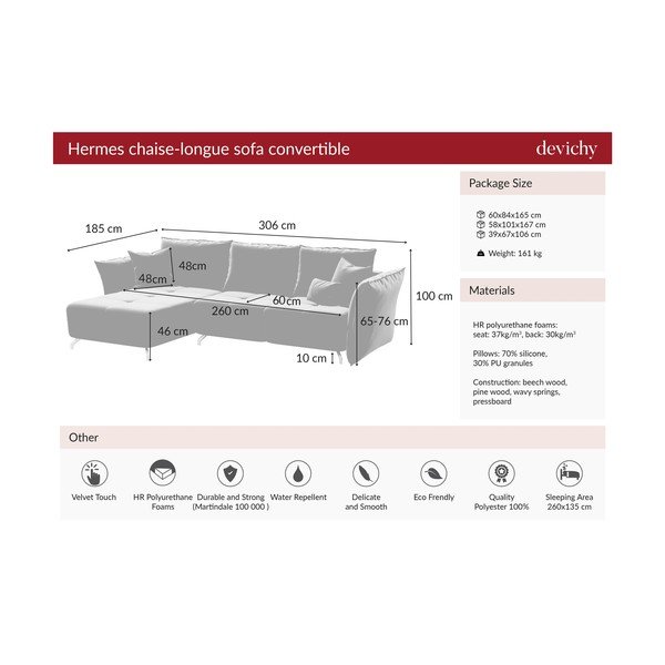 Temno roza žametna kotna raztegljiva sedežna garnitura Devichy Hermes, levi kot-image-4