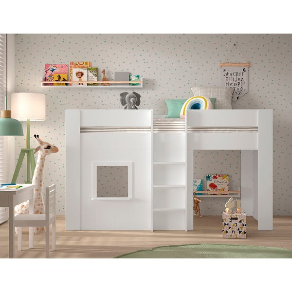 Bela dvignjena otroška postelja iz masivnega bora 90x200 cm RENO – Vipack-image-1