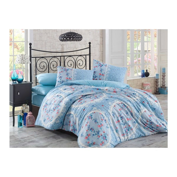 Modro bombažno posteljno perilo z rjuho za zakonsko posteljo Asia, 200 x 220 cm