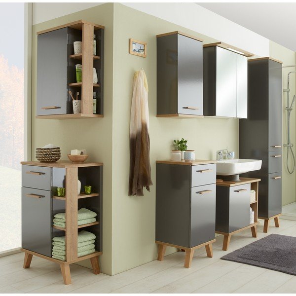 Siva visoka ozka kopalniška omarica v hrastovem dekorju 35,5x205 cm Quickset 924 – Pelipal-image-1