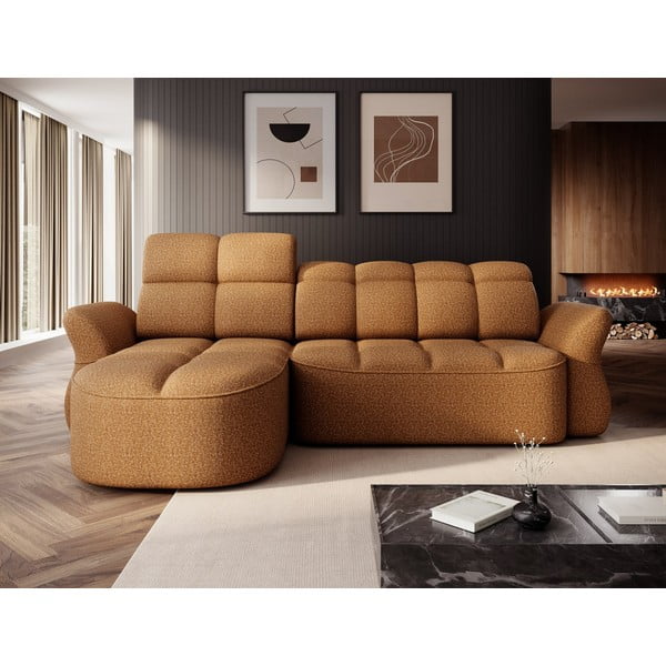 Rumena/rjava žametna raztegljiva/s prostorom za shranjevanje kotna sedežna garnitura (levi kot/z ležalnikom) Beneth – ELTAP-image-1