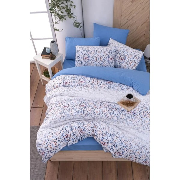 Bela/modra podaljšana posteljnina za zakonsko posteljo z rjuho 200x220 cm Geometric – Mila Home