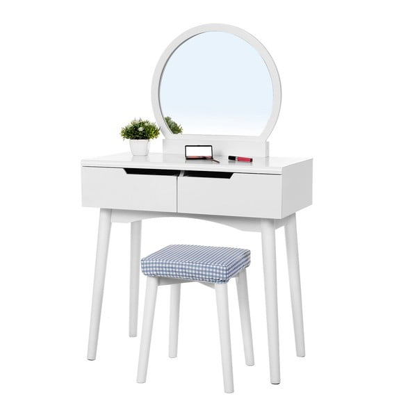 Bela lesena toaletna mizica z ogledalom, stolčkom in dvema predaloma Songmics
