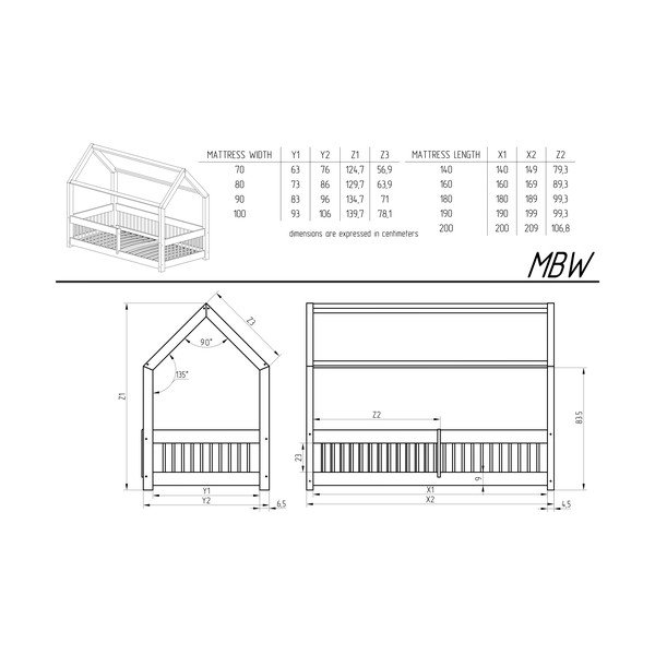 Otroška postelja iz masivnega bora v obliki hiške z dodatnim ležiščem in prostorom za shranjevanje 80x190 cm Mila MBW – Adeko-image-4
