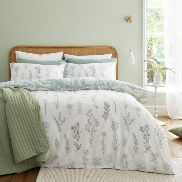Bela/zelena bombažna posteljnina za zakonsko posteljo 200x200 cm Wild Flowers – Bianca
