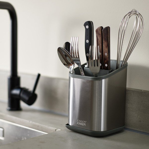 Odcejalnik posode za pribor iz nerjavečega jekla v sijajno srebrni barvi 11x11,5 cm Duo Steel – Joseph Joseph-image-1