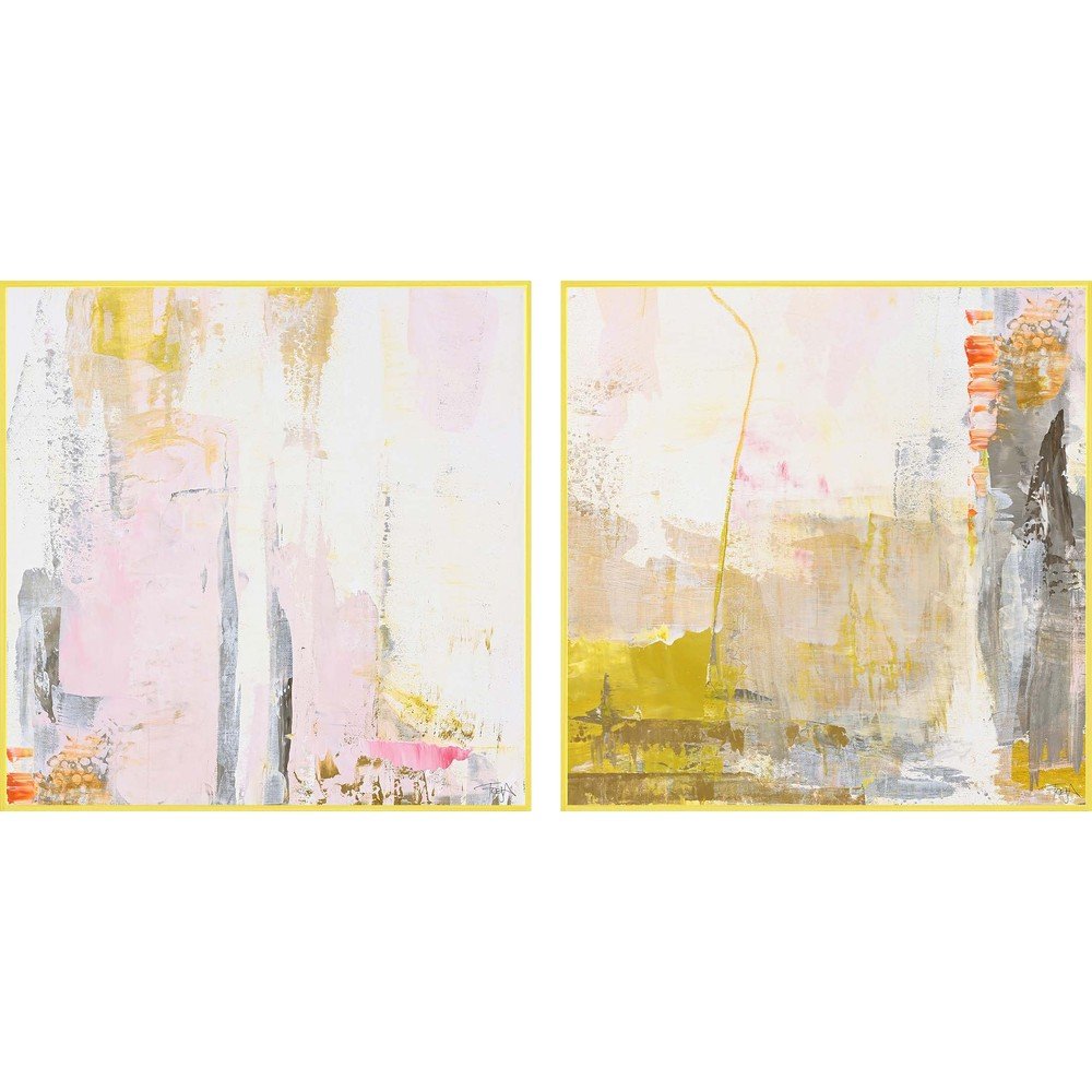 Tiskani sliki na platnu z ročno naslikanimi elementi v okvirju v kompletu 2 ks 41,5x41,5 cm New Age Yellow