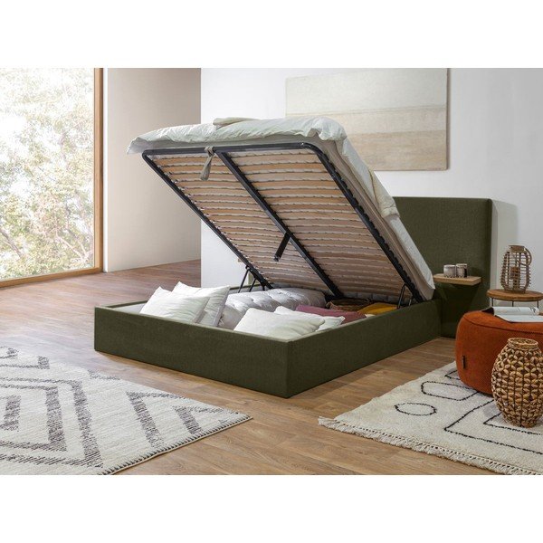 Temno zelena oblazinjena zakonska postelja s prostorom za shranjevanje in letvenim dnom 160x200 cm Blandine – Bobochic Paris-image-3