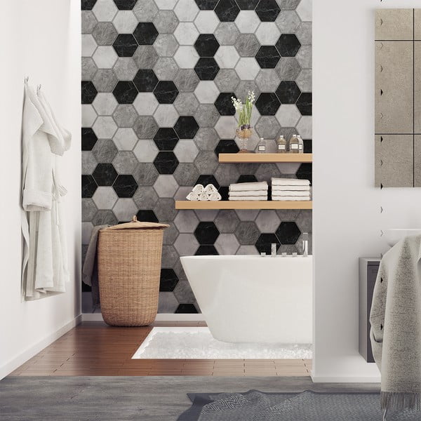 Komplet 28 dekorativnih stenskih nalepk Ambiance Hexagons Marble, 10 x 9 cm