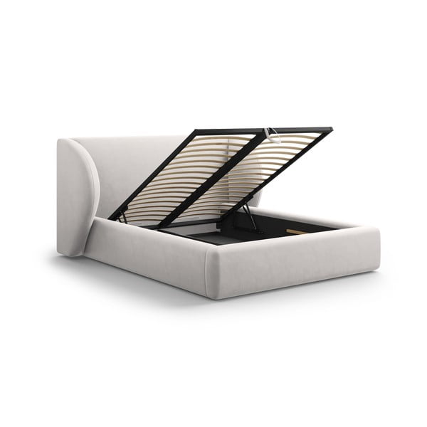 Svetlo siva oblazinjena zakonska postelja s prostorom za shranjevanje z letvenim dnom 200x200 cm Miley - Micadoni Home-image-3