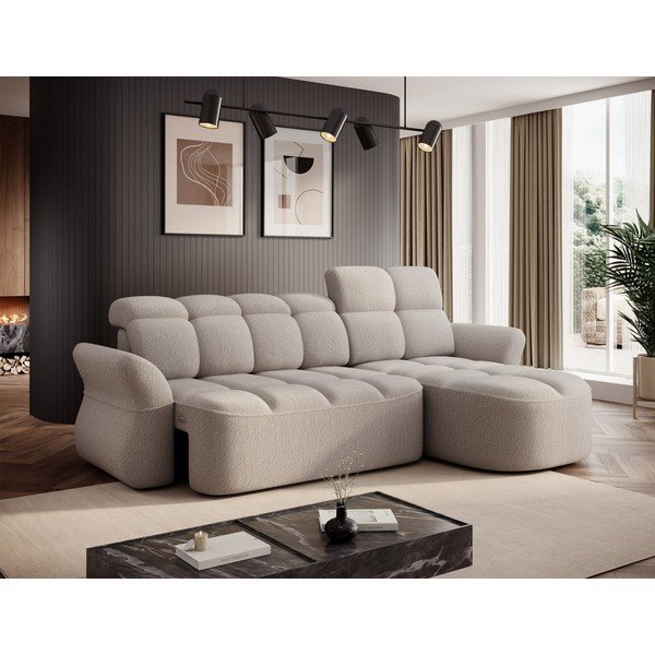 Bež raztegljiva/s prostorom za shranjevanje kotna sedežna garnitura iz tkanine bouclé (desni kot/z ležalnikom) Beneth – ELTAP-image-3