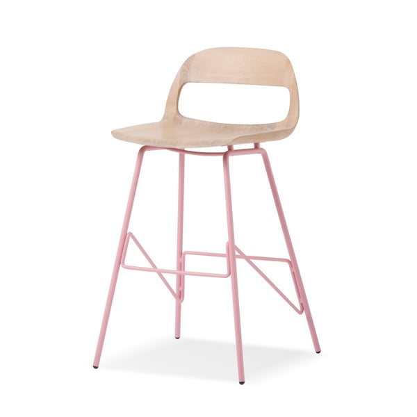 Barski stol z masivnim hrastovim sedežem in rožnatimi nogami Gazzda Leina, višina 94 cm
