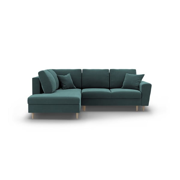 Modrozelena žametna raztegljiva kotna sedežna garnitura s prostorom za shranjevanje (levi kot/v obliki črke L) Kyoto – Cosmopolitan Design