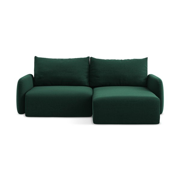 Temno zelena žametna raztegljiva/s prostorom za shranjevanje kotna sedežna garnitura (desni kot/z ležalnikom) Kalena – Makamii