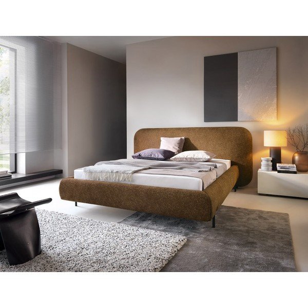 Oker rumena oblazinjena zakonska postelja s prostorom za shranjevanje in z letvenim dnom 160x200 cm Pointt – ELTAP-image-1