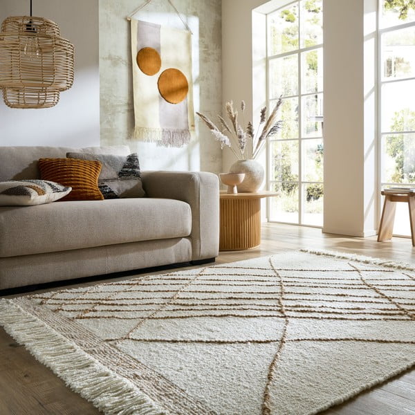 Kremno bela ročno tkana preproga iz mešanice volne 120x170 cm Astera Linear – Flair Rugs-image-1