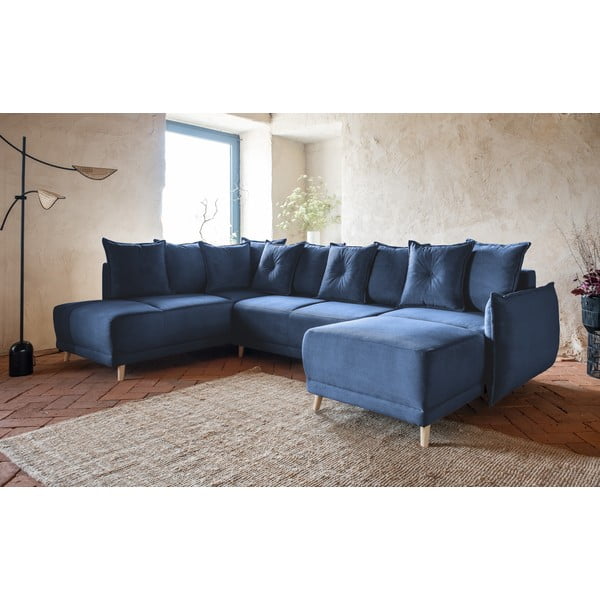 Temno modra raztegljiva kotna sedežna garnitura iz rebrastega žameta (levi kot/v obliki črke "U") Lazy Lukka – Miuform-image-3