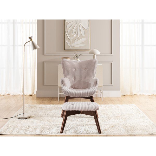 Svetlo rožnat fotelj z naslonjalom za noge iz rebrastega žameta Niko – Ropez-image-1