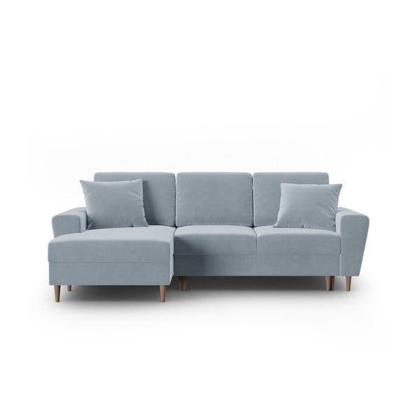 Svetlo modra žametna raztegljiva kotna sedežna garnitura s prostorom za shranjevanje (levi kot/z ležalnikom) Kyoto – Cosmopolitan Design